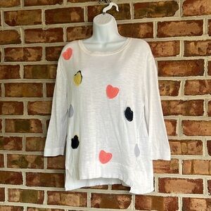CHARLIE B White Sweater with Colorful patchwork heart Accents. Small